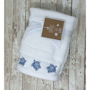 Deborah Conolly Embroidered Blue and White Sea Turtle Hand Towels Set of 2